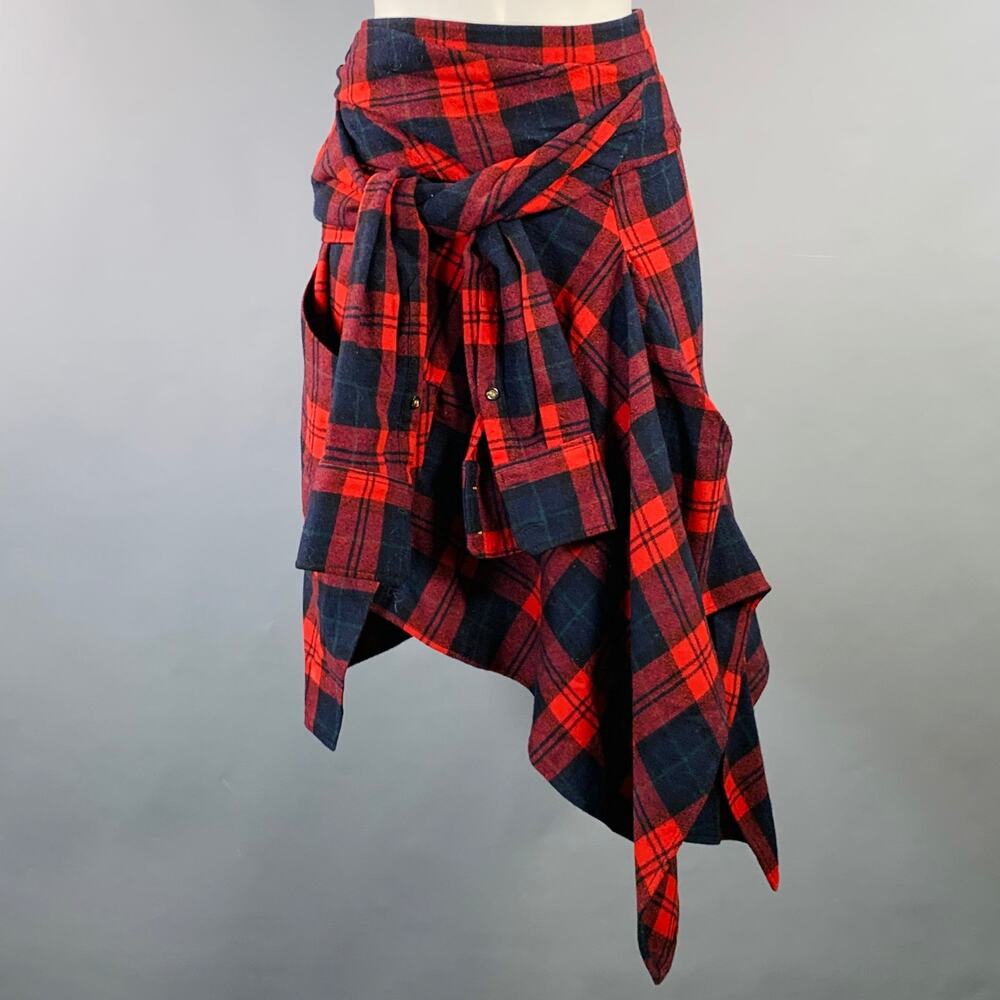 DSQUARED2 Size S Red Navy Black Wool Blend Plaid Asymmetrical Skirt